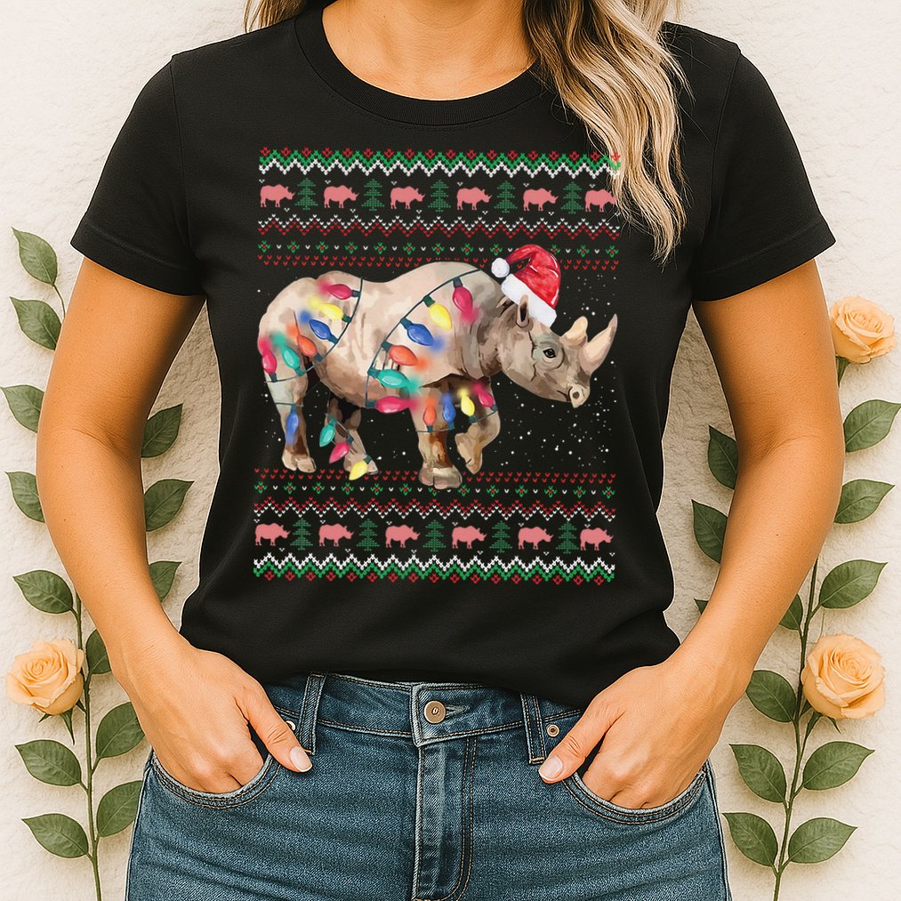 Santa Rhino Christmas Lights Ugly Sweater Racoon Lover Xmas Womens T-Shirt