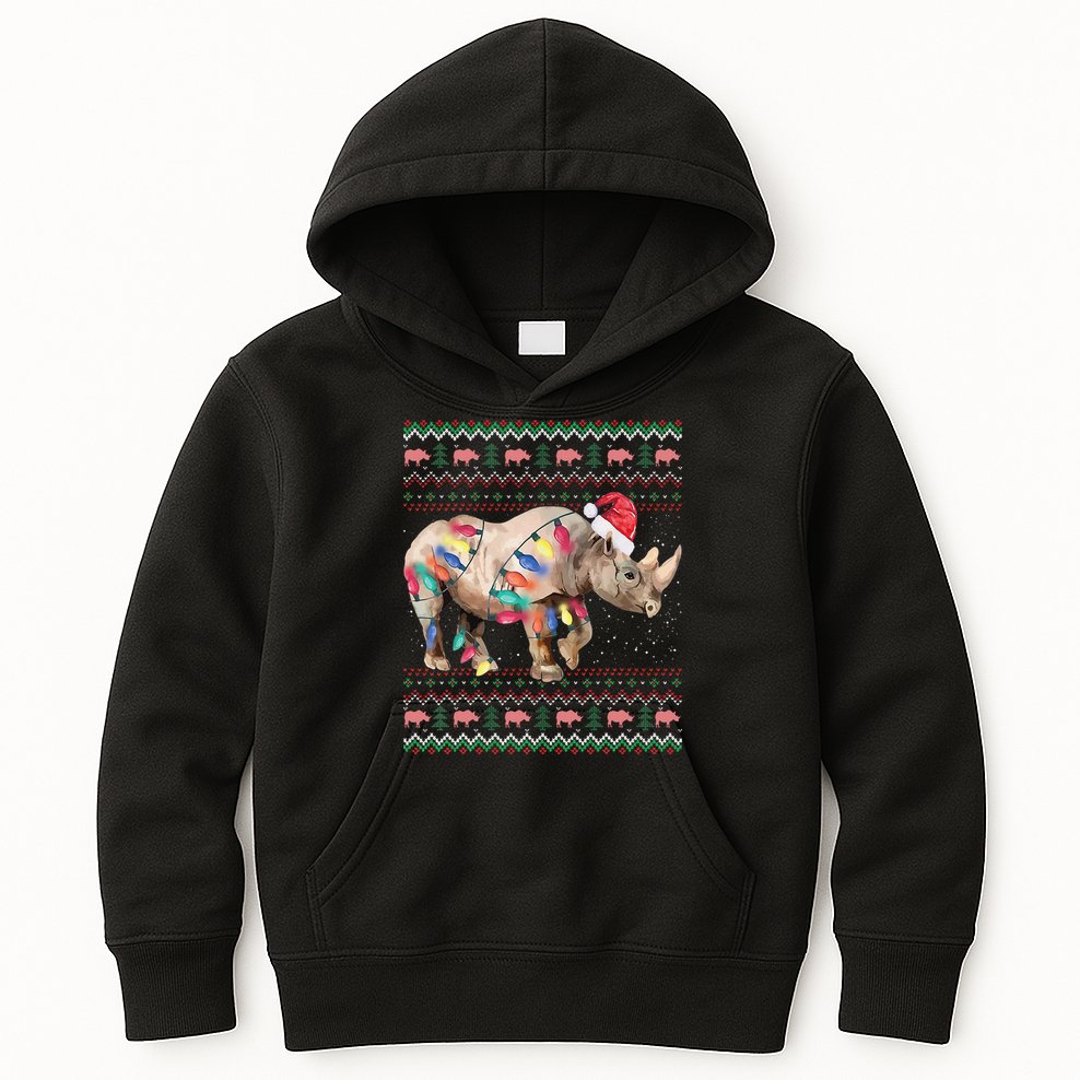 Santa Rhino Christmas Lights Ugly Sweater Racoon Lover Xmas Kids Hoodie
