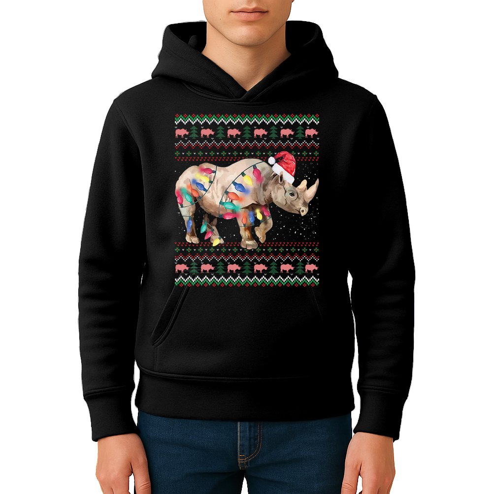 Santa Rhino Christmas Lights Ugly Sweater Racoon Lover Xmas Kids Hoodie