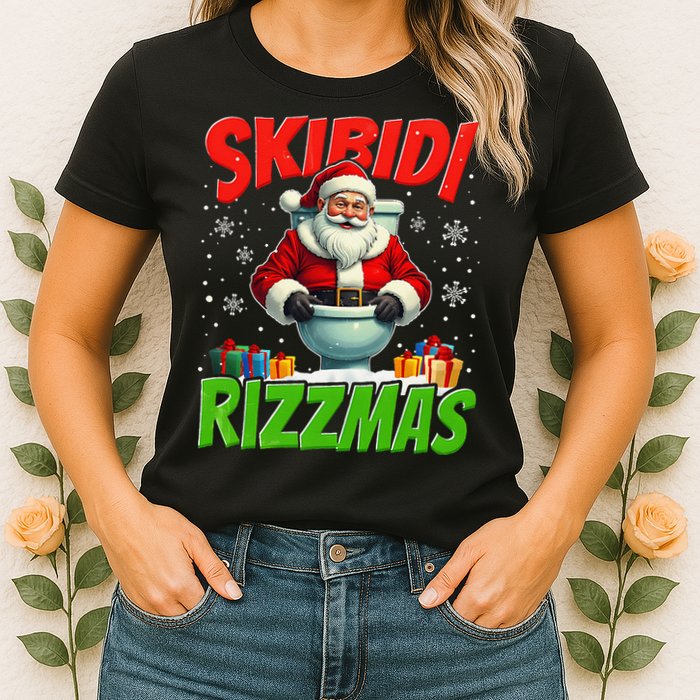 Skibid.I Rizzmas Christmas Rizz Santa Claus Charisma Cool Womens T-Shirt