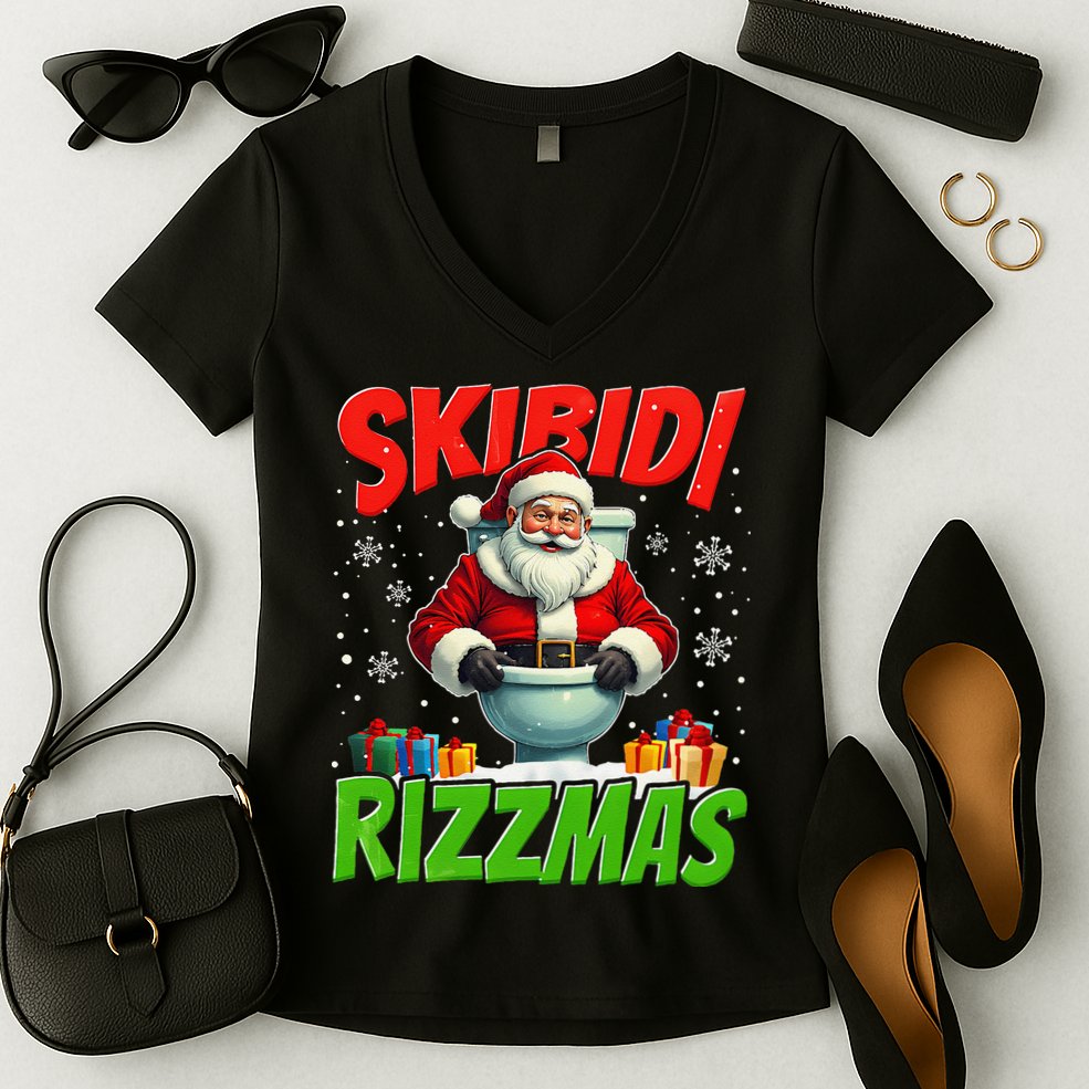 Skibid.I Rizzmas Christmas Rizz Santa Claus Charisma Cool Women's V-Neck T-Shirt