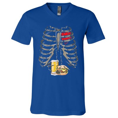 Skeleton Rib Cage Beer Burger Xray Funny Halloween Gift V-Neck T-Shirt