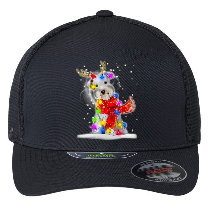 Schnauzer Reindeer Christmas Lights Tree Dog Scarf Xmas Snow Flexfit Unipanel Trucker Cap