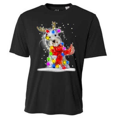 Schnauzer Reindeer Christmas Lights Tree Dog Scarf Xmas Snow Cooling Performance Crew T-Shirt