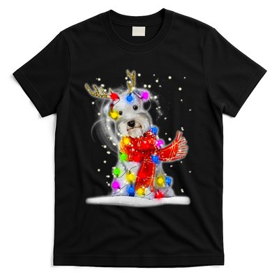 Schnauzer Reindeer Christmas Lights Tree Dog Scarf Xmas Snow T-Shirt