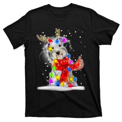 Schnauzer Reindeer Christmas Lights Tree Dog Scarf Xmas Snow T-Shirt