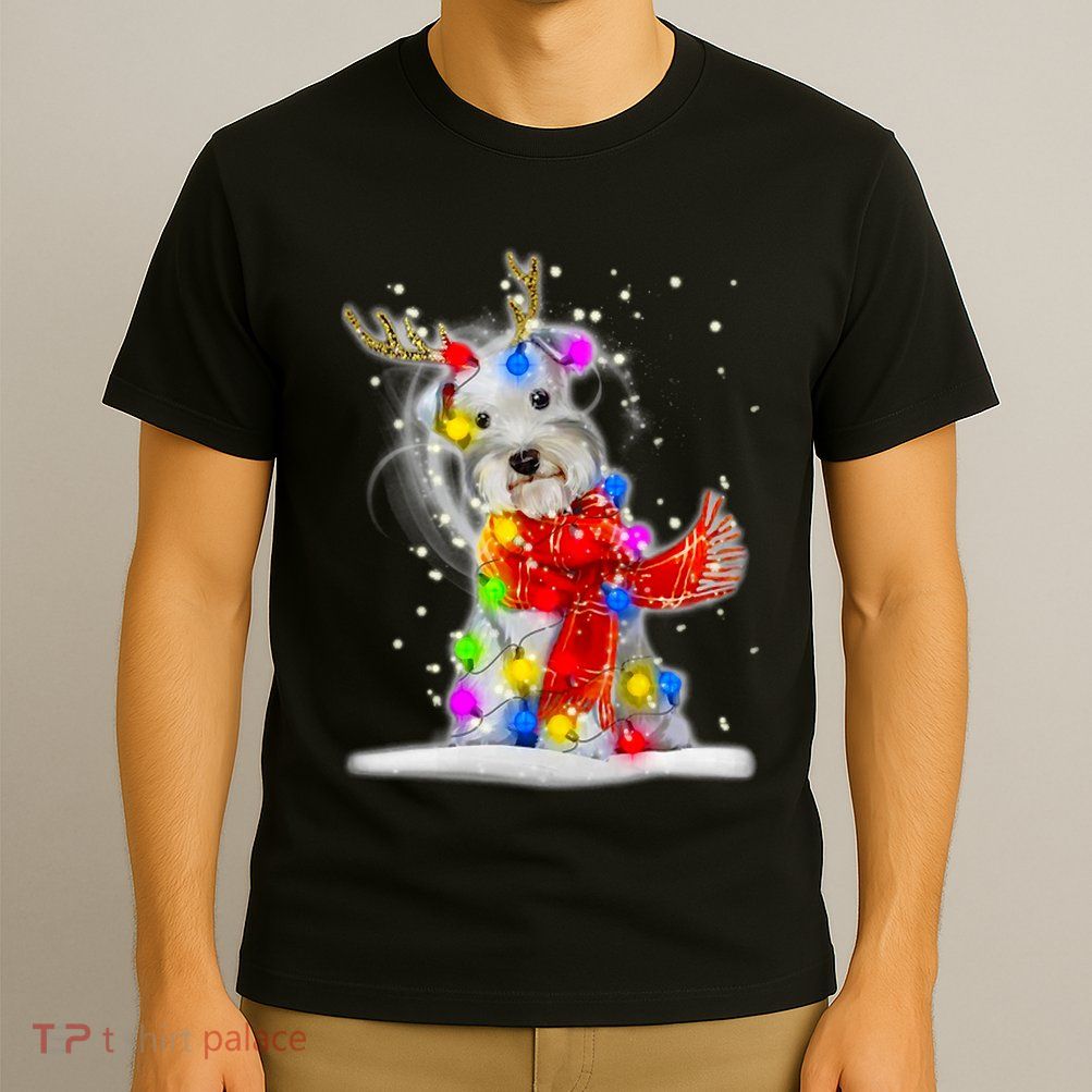 Schnauzer Reindeer Christmas Lights Tree Dog Scarf Xmas Snow T-Shirt