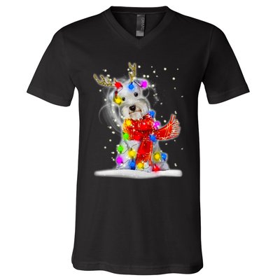 Schnauzer Reindeer Christmas Lights Tree Dog Scarf Xmas Snow V-Neck T-Shirt