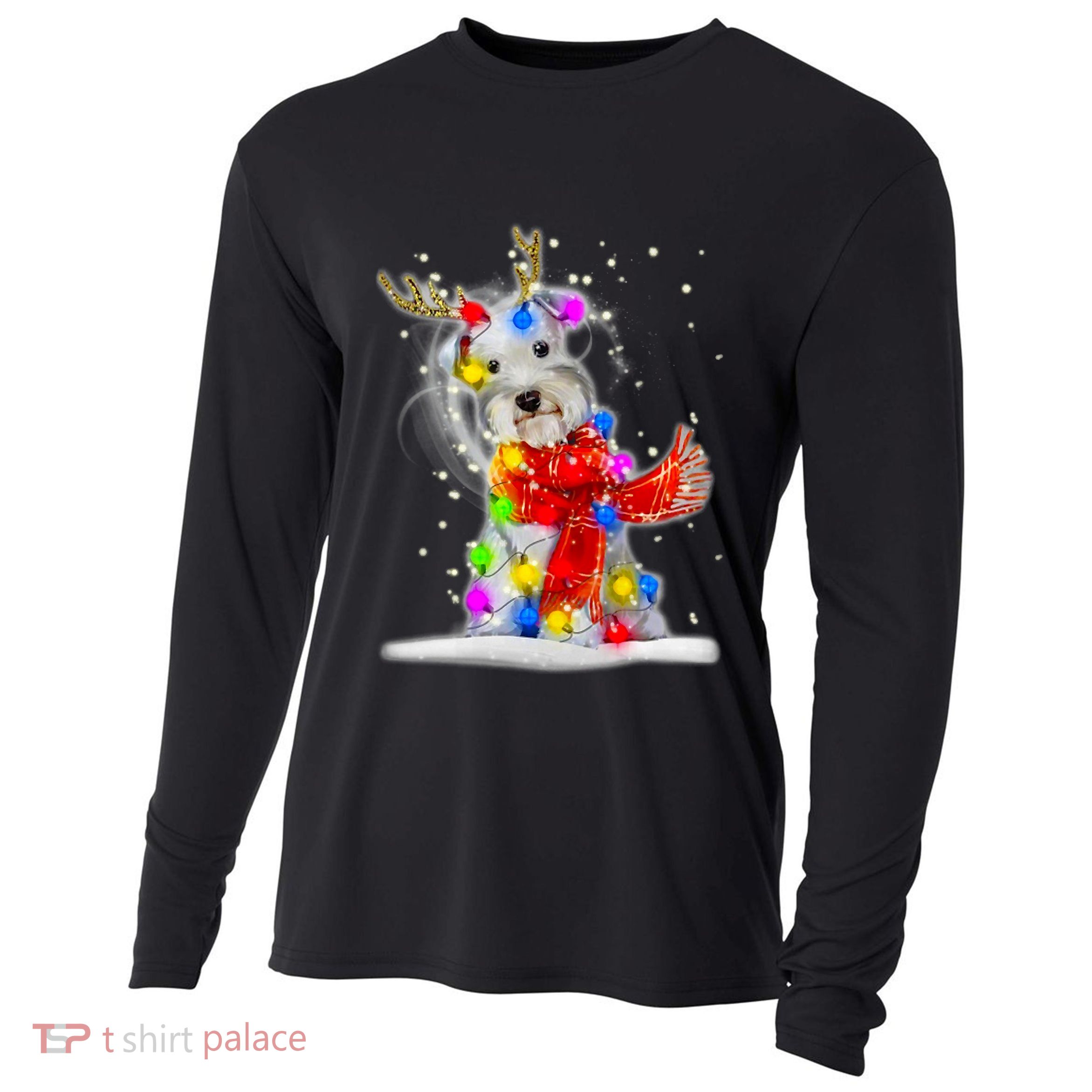 Schnauzer Reindeer Christmas Lights Tree Dog Scarf Xmas Snow Cooling Performance Long Sleeve Crew