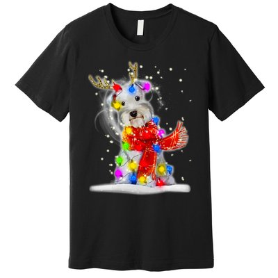 Schnauzer Reindeer Christmas Lights Tree Dog Scarf Xmas Snow Premium T-Shirt