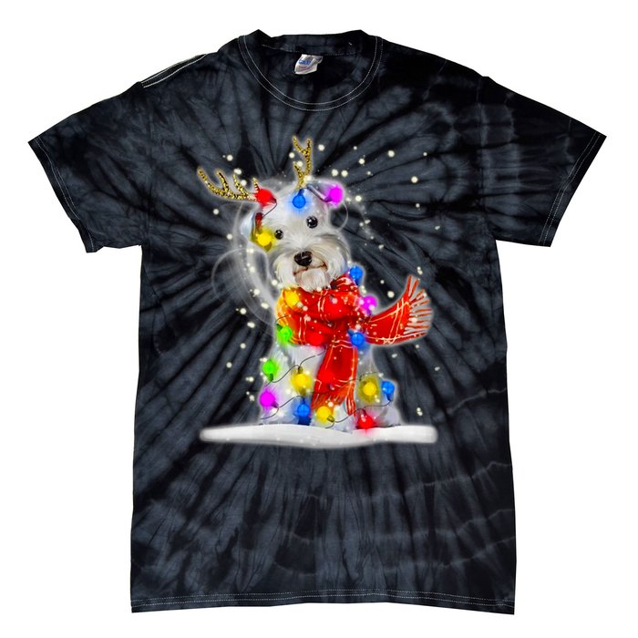 Schnauzer Reindeer Christmas Lights Tree Dog Scarf Xmas Snow Tie-Dye T-Shirt