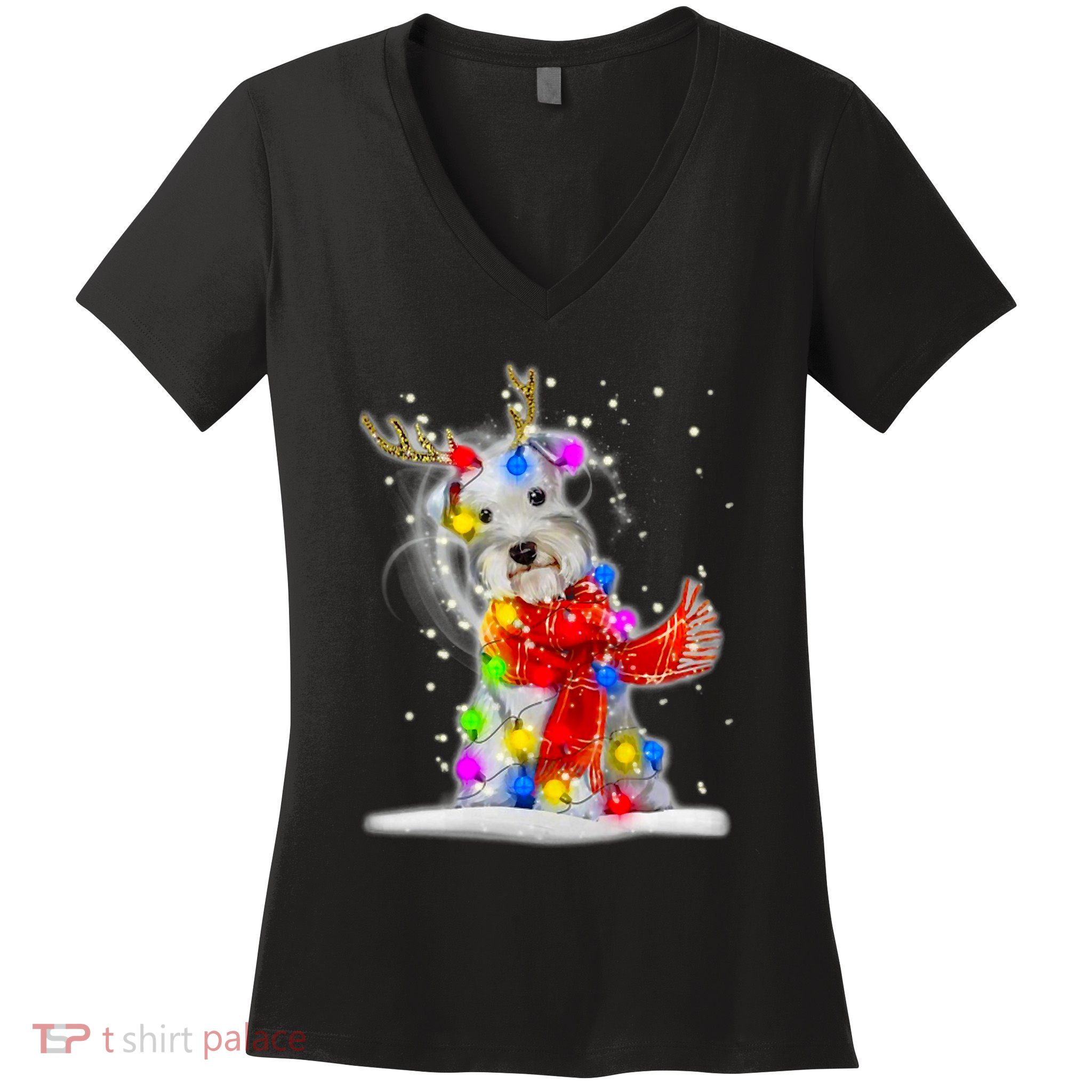 Schnauzer Reindeer Christmas Lights Tree Dog Scarf Xmas Snow Women's V-Neck T-Shirt