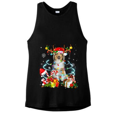 Sheltie Reindeer Christmas Tree Lights Pajama Dog Xmas Ladies PosiCharge Tri-Blend Wicking Tank