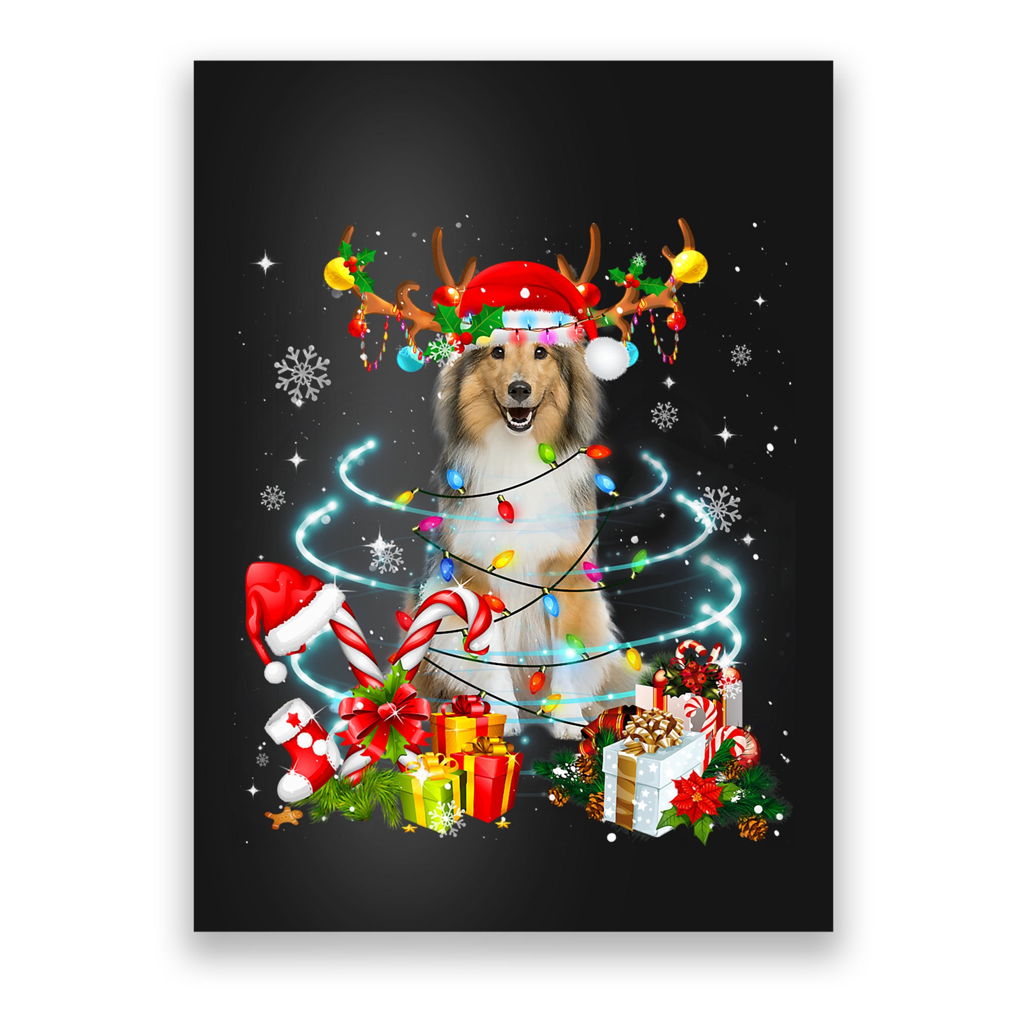 Sheltie Reindeer Christmas Tree Lights Pajama Dog Xmas Poster