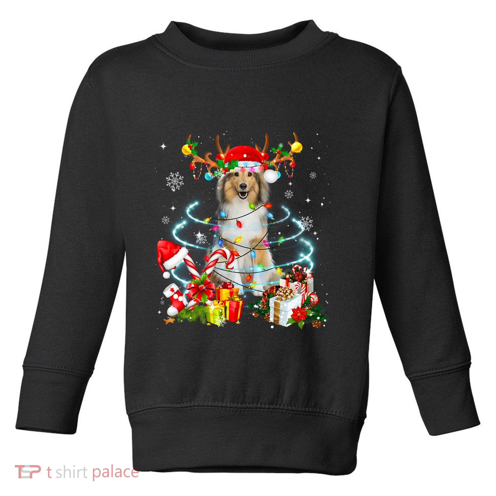 Sheltie Reindeer Christmas Tree Lights Pajama Dog Xmas Toddler Sweatshirt