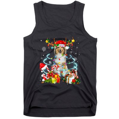 Sheltie Reindeer Christmas Tree Lights Pajama Dog Xmas Tank Top