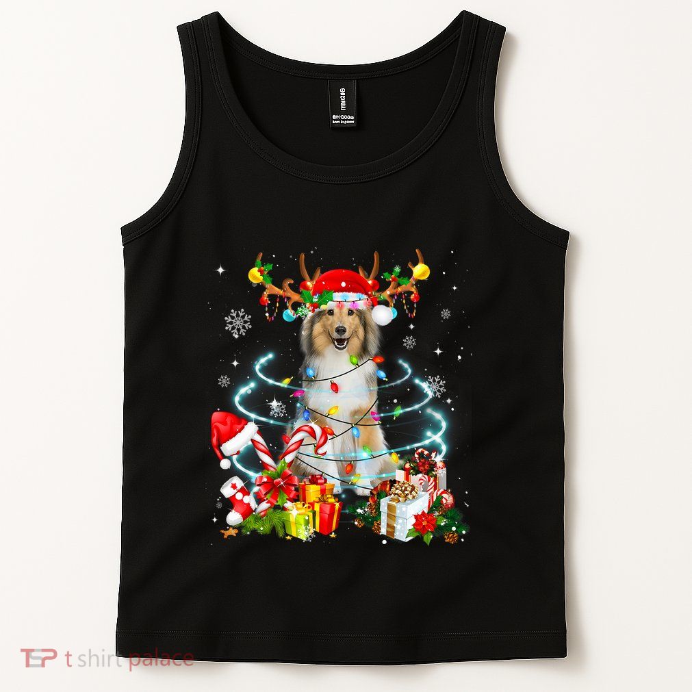 Sheltie Reindeer Christmas Tree Lights Pajama Dog Xmas Tank Top