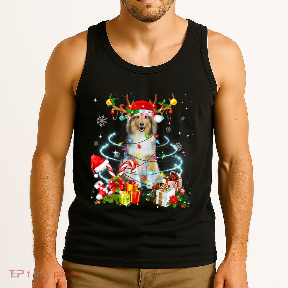 Sheltie Reindeer Christmas Tree Lights Pajama Dog Xmas Tank Top