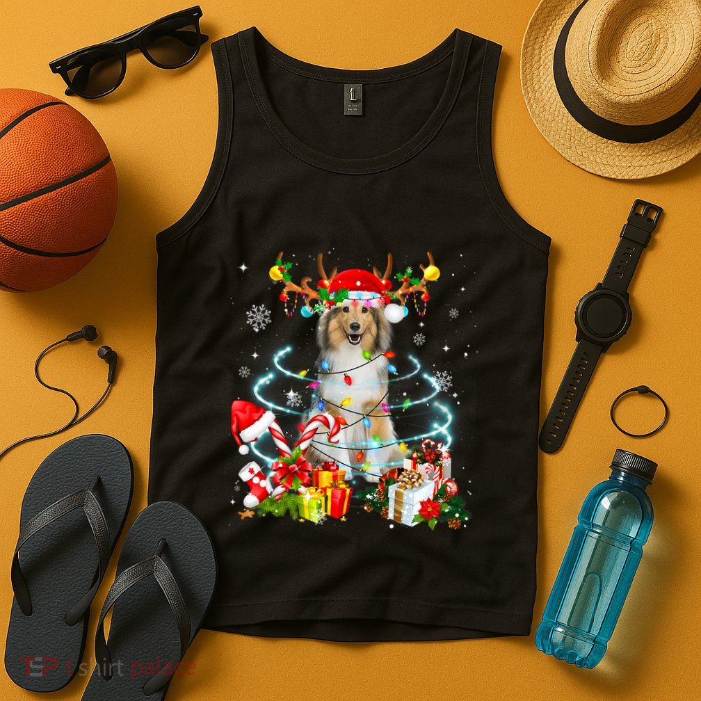 Sheltie Reindeer Christmas Tree Lights Pajama Dog Xmas Tank Top