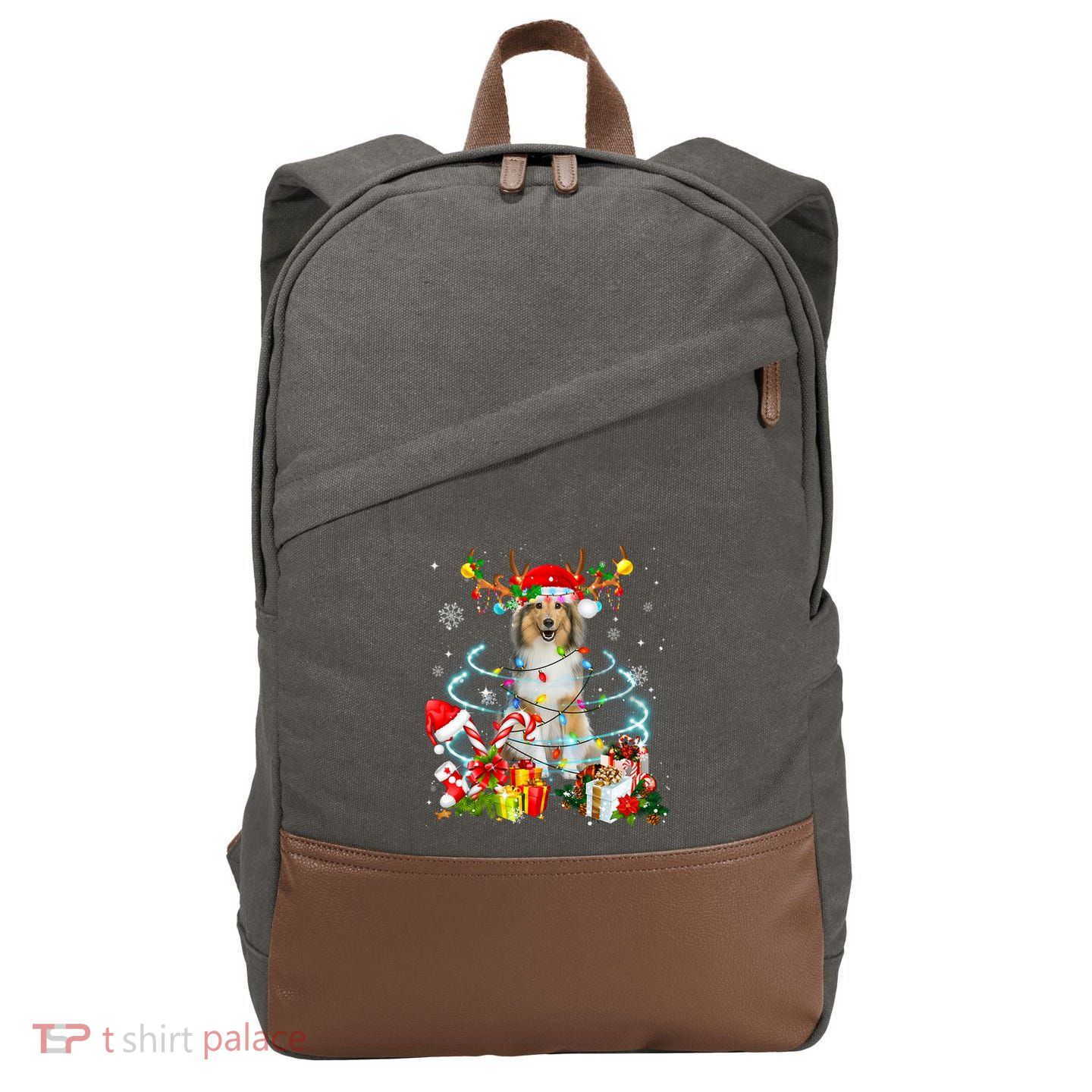 Sheltie Reindeer Christmas Tree Lights Pajama Dog Xmas Cotton Canvas Backpack