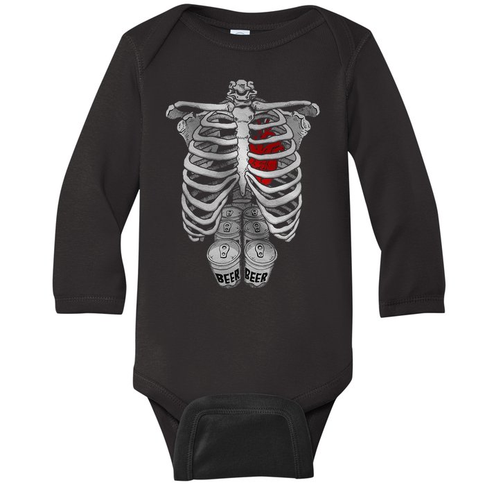 Skeleton Rib Cage Full Of Beer Funny Halloween Costume Baby Long Sleeve Bodysuit