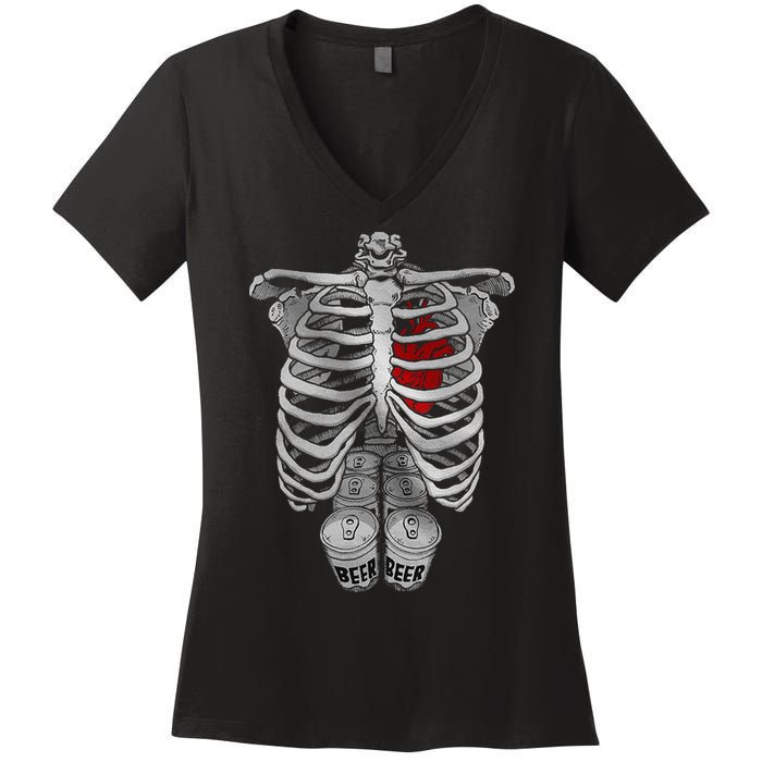 Skeleton Rib Cage Full Of Beer Funny Halloween Costume Women's V-Neck T-Shirt