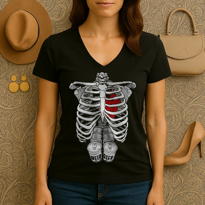 Skeleton Rib Cage Full Of Beer Funny Halloween Costume Women's V-Neck T-Shirt