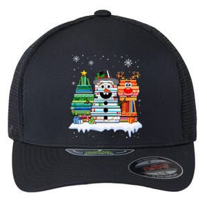 Snow Reindeer Christmas Tree Book Lover Stacked Christmas Funny Gift Flexfit Unipanel Trucker Cap