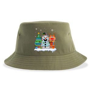 Snow Reindeer Christmas Tree Book Lover Stacked Christmas Funny Gift Sustainable Bucket Hat