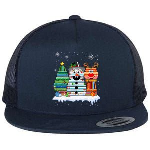 Snow Reindeer Christmas Tree Book Lover Stacked Christmas Funny Gift Flat Bill Trucker Hat