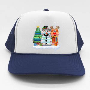 Snow Reindeer Christmas Tree Book Lover Stacked Christmas Funny Gift Trucker Hat