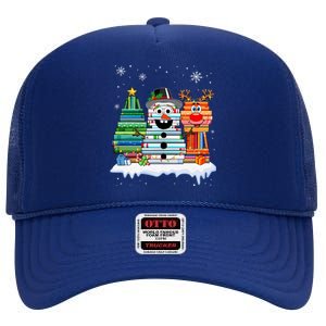 Snow Reindeer Christmas Tree Book Lover Stacked Christmas Funny Gift High Crown Mesh Back Trucker Hat