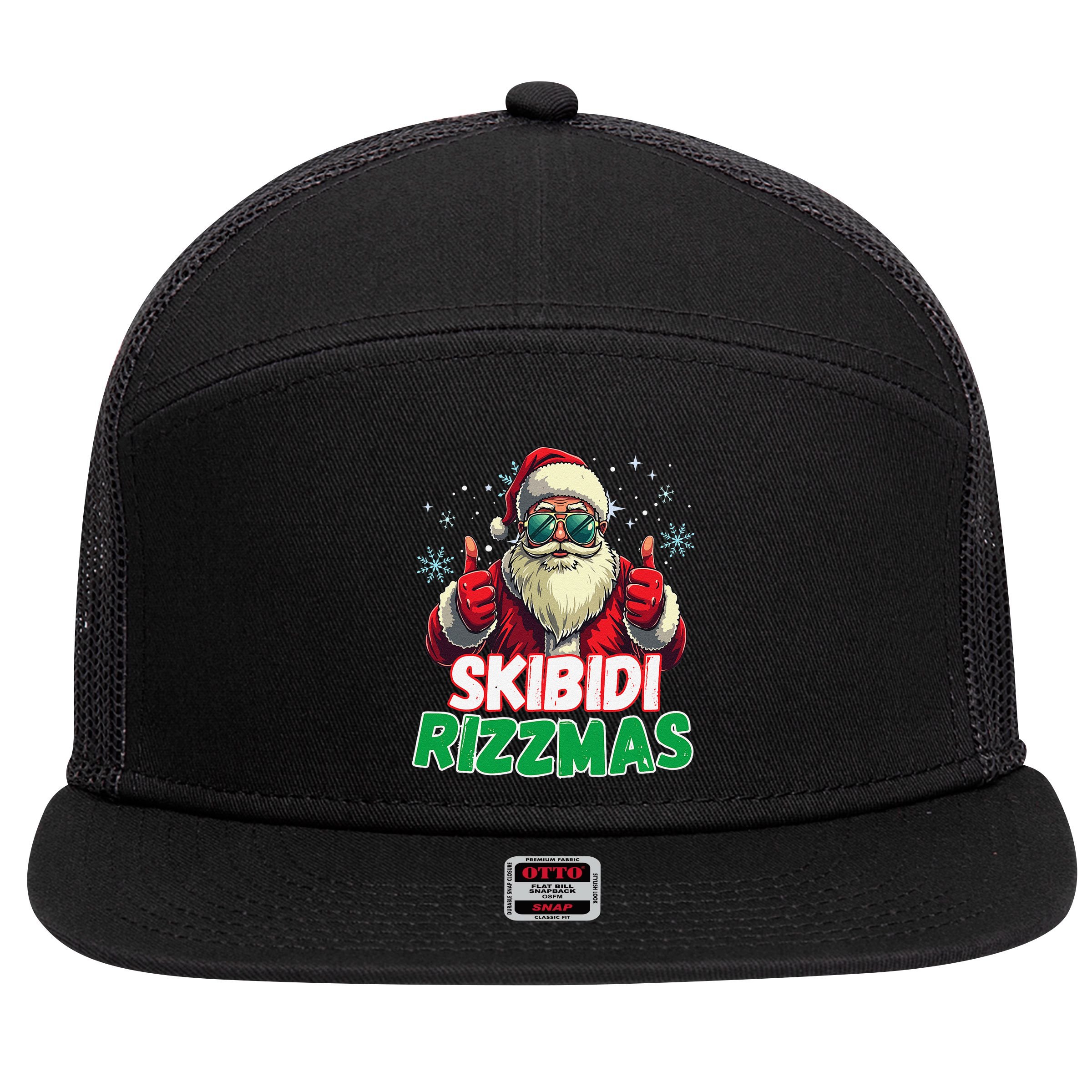 Skibid.I Rizzmas Christmas Rizz Santa Claus Charisma 7 Panel Mesh Trucker Snapback Hat