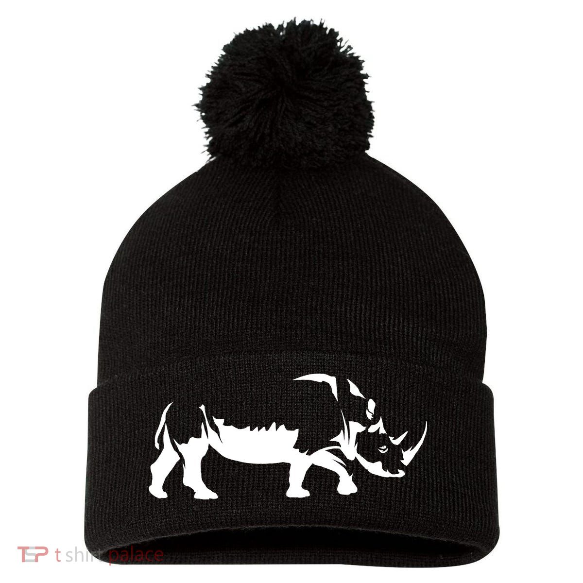 Simple Rhino Cut Out Silhouette Pom Pom 12in Knit Beanie