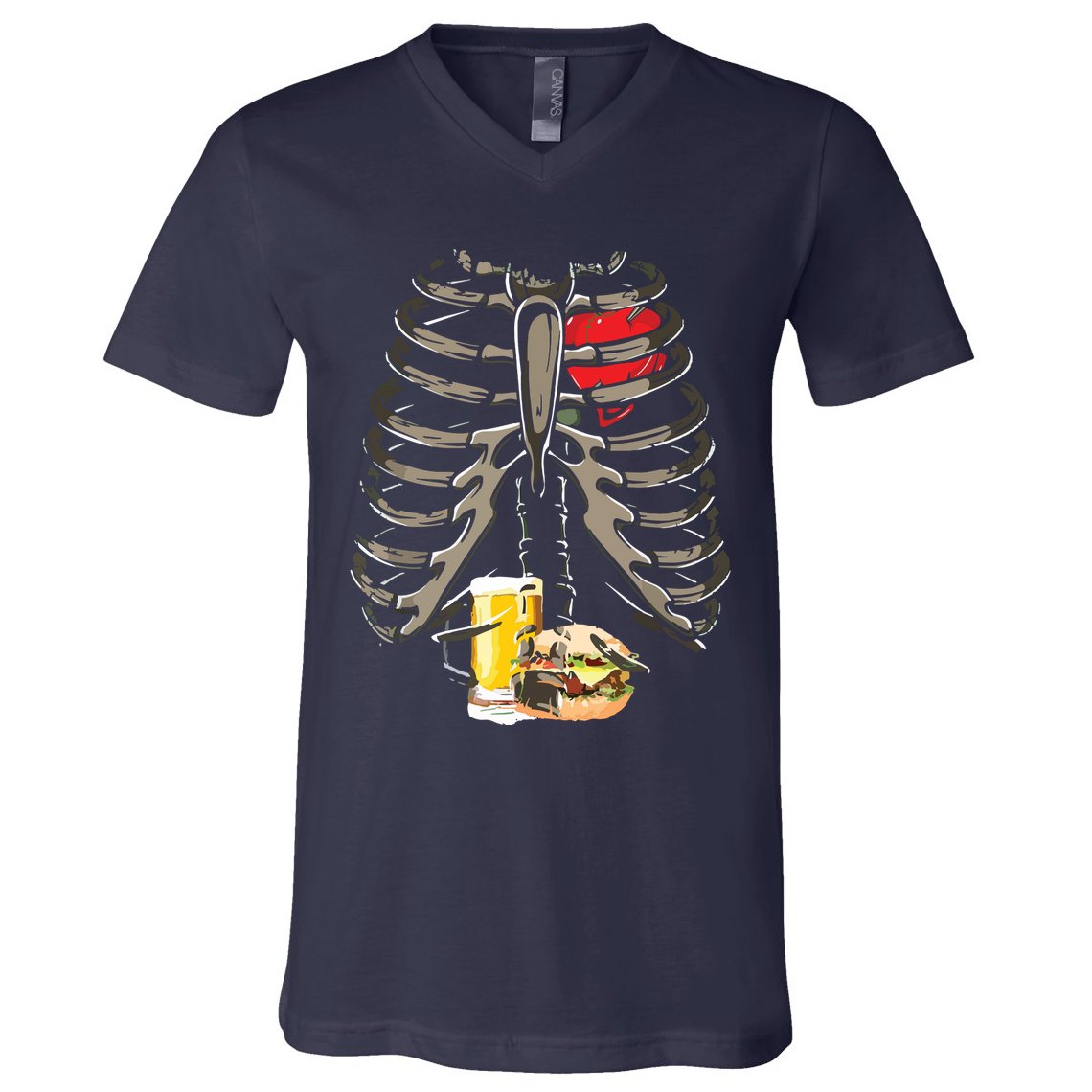 Skeleton Rib Cage Beer Burger Xray Funny Halloween Gift V-Neck T-Shirt