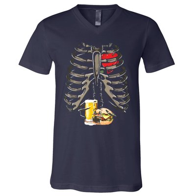 Skeleton Rib Cage Beer Burger Xray Funny Halloween Gift V-Neck T-Shirt