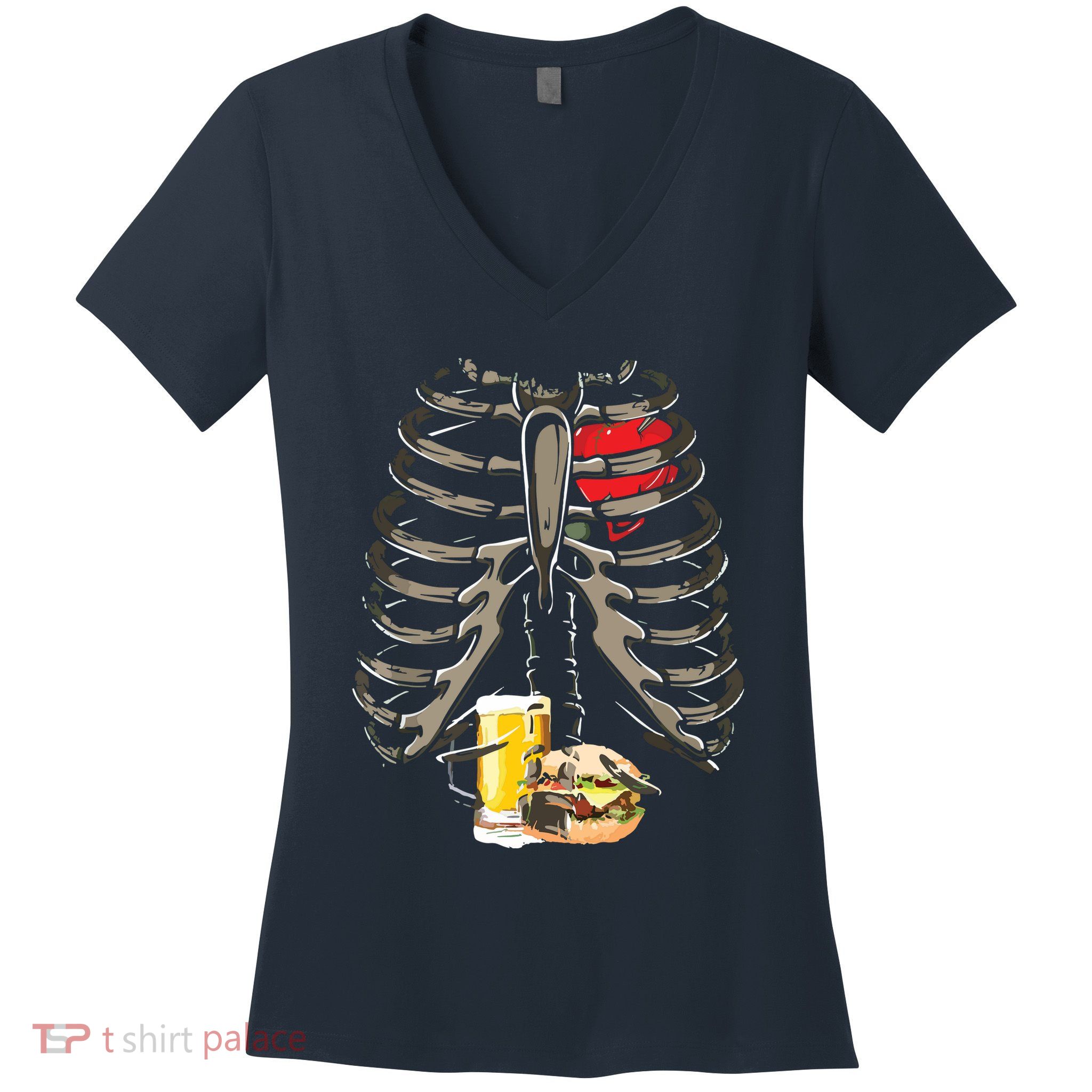 Skeleton Rib Cage Beer Burger Xray Funny Halloween Gift Women's V-Neck T-Shirt