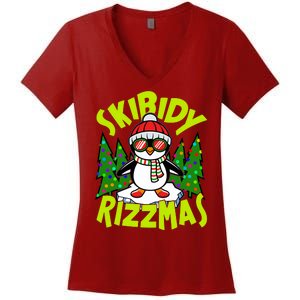 Skibidy Rizzmas Christmas Rizz Penguin Meme Women's V-Neck T-Shirt