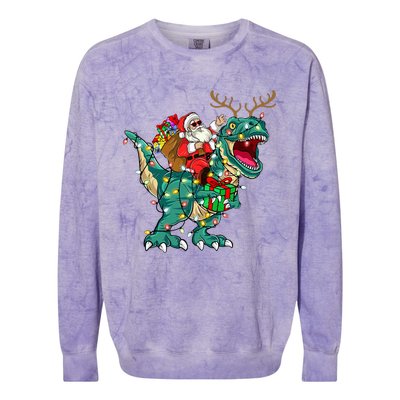 Santa Riding Dinosaur T rex Deer  Christmas Colorblast Crewneck Sweatshirt