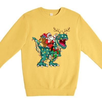 Santa Riding Dinosaur T rex Deer  Christmas Premium Crewneck Sweatshirt