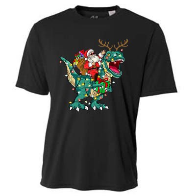 Santa Riding Dinosaur T rex Deer  Christmas Cooling Performance Crew T-Shirt