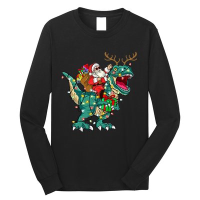 Santa Riding Dinosaur T rex Deer  Christmas Long Sleeve Shirt