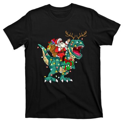 Santa Riding Dinosaur T rex Deer  Christmas T-Shirt