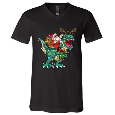 Santa Riding Dinosaur T rex Deer  Christmas V-Neck T-Shirt