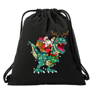 Santa Riding Dinosaur T rex Deer  Christmas Drawstring Bag