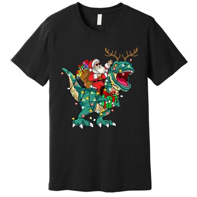 Santa Riding Dinosaur T rex Deer  Christmas Premium T-Shirt