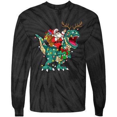 Santa Riding Dinosaur T rex Deer  Christmas Tie-Dye Long Sleeve Shirt