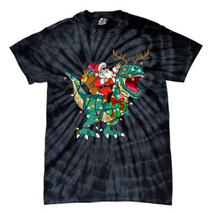 Santa Riding Dinosaur T rex Deer  Christmas Tie-Dye T-Shirt