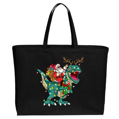 Santa Riding Dinosaur T rex Deer  Christmas Cotton Canvas Jumbo Tote