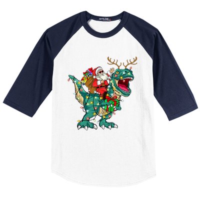 Santa Riding Dinosaur T rex Deer  Christmas Baseball Sleeve Shirt